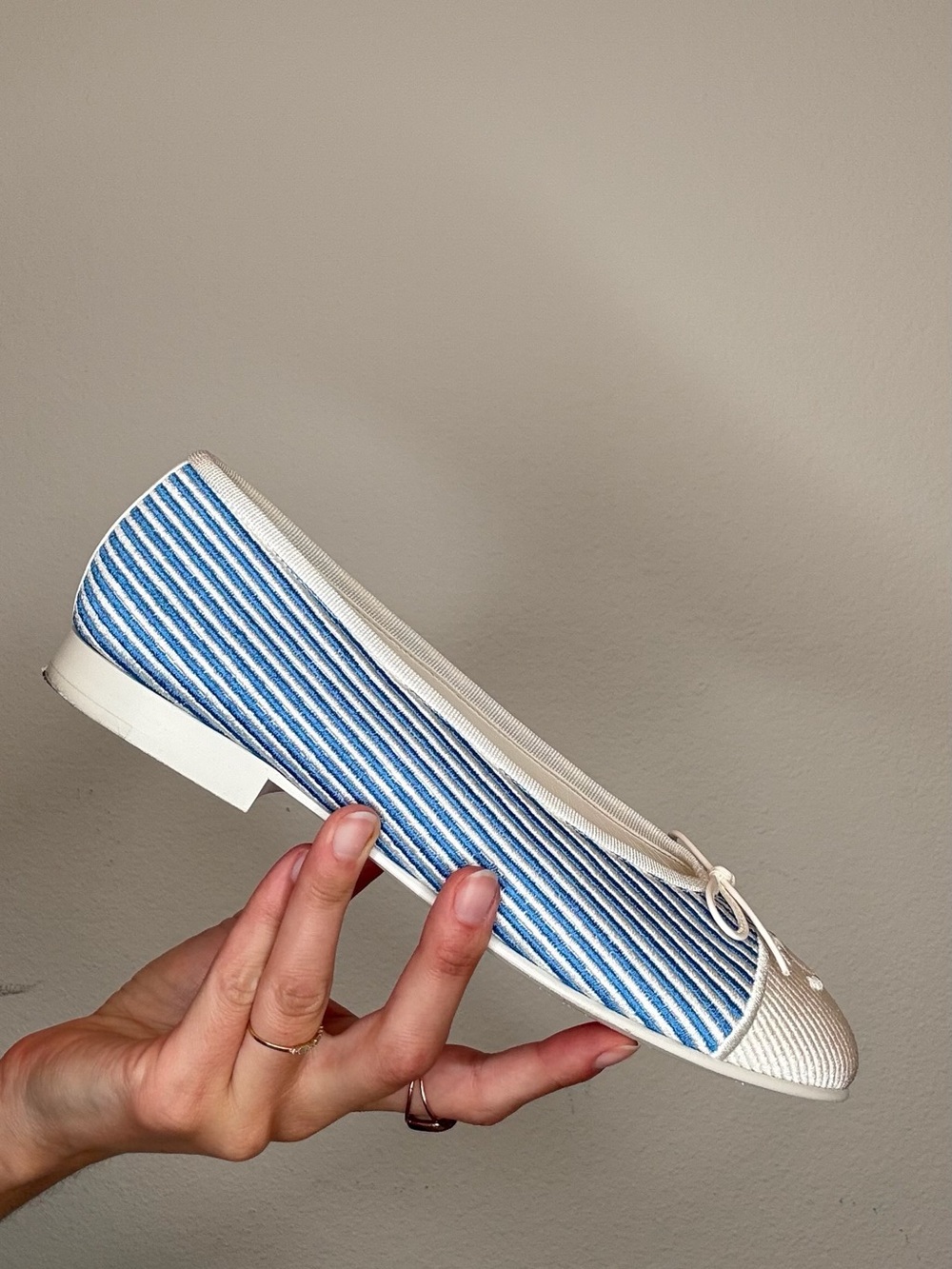 CHANEL Blue & White Striped Canvas Ballet Flats with Bow - Picture 4 of 5